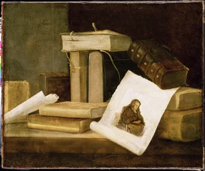 Nature morte de livres et une gravure de Rembrandt